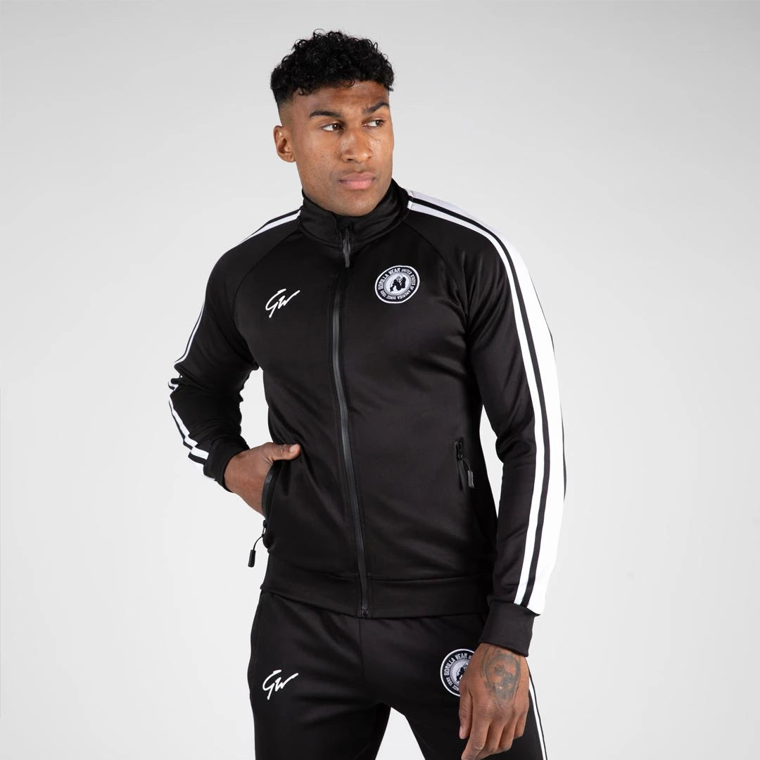 Gorilla Wear Stratford Track Jacket Black, musta miesten treenitakki valkoisilla raidoilla, korkea kaulus ja vetoketju., kuva 2/6