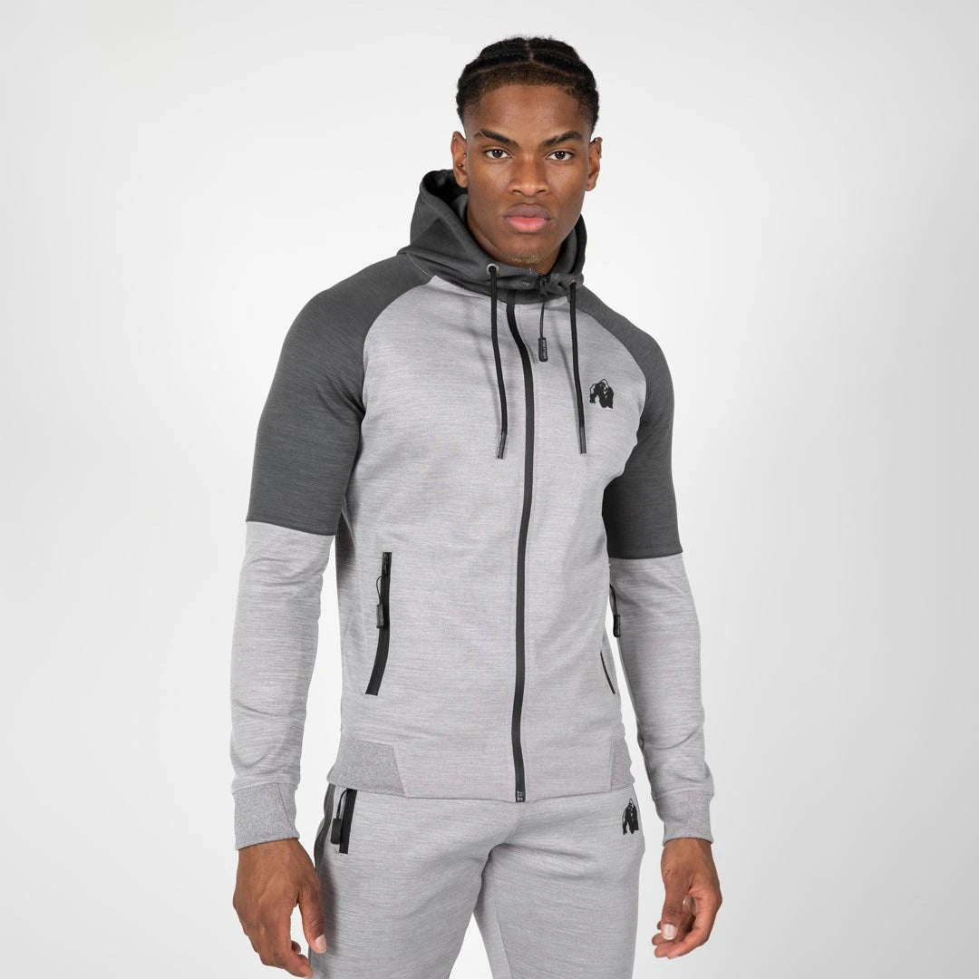 Gorilla Wear Sullivan Track Jacket Grey, vaaleanharmaa tyköistuva treenitakki tummanharmailla hartioilla ja hupulla., kuva 4/7