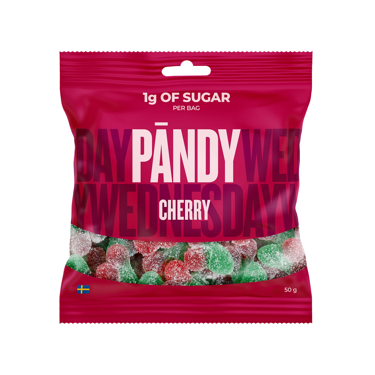 Pändy Candy 50 g Cherry by Klara vaaleanpunaisessa pussissa, joka on täytetty kirsikanmuotoisilla hyytelömakeisilla.