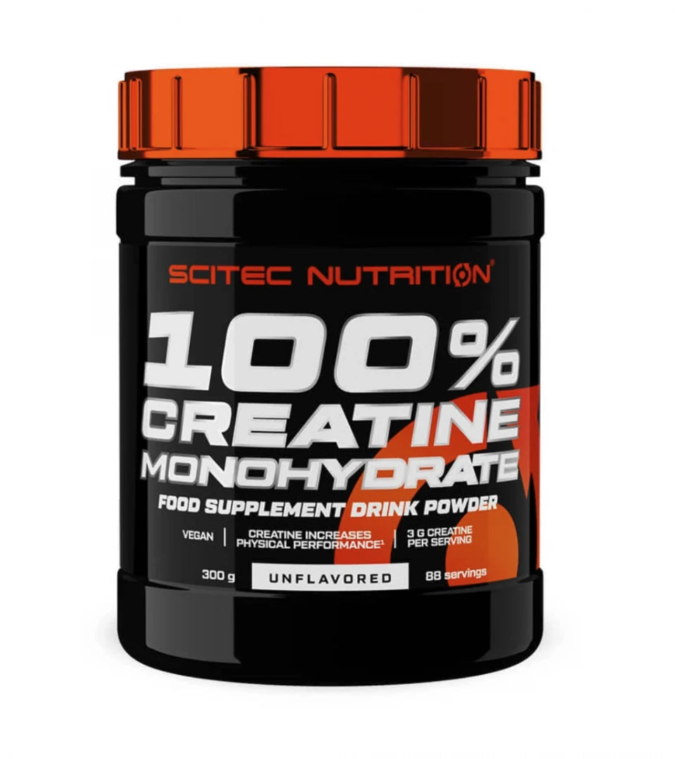 Scitec Nutrition 100% Creatine 300 g mustassa purkissa, jossa on metallinoranssi kansi ja valkoinen teksti., kuva 1/1