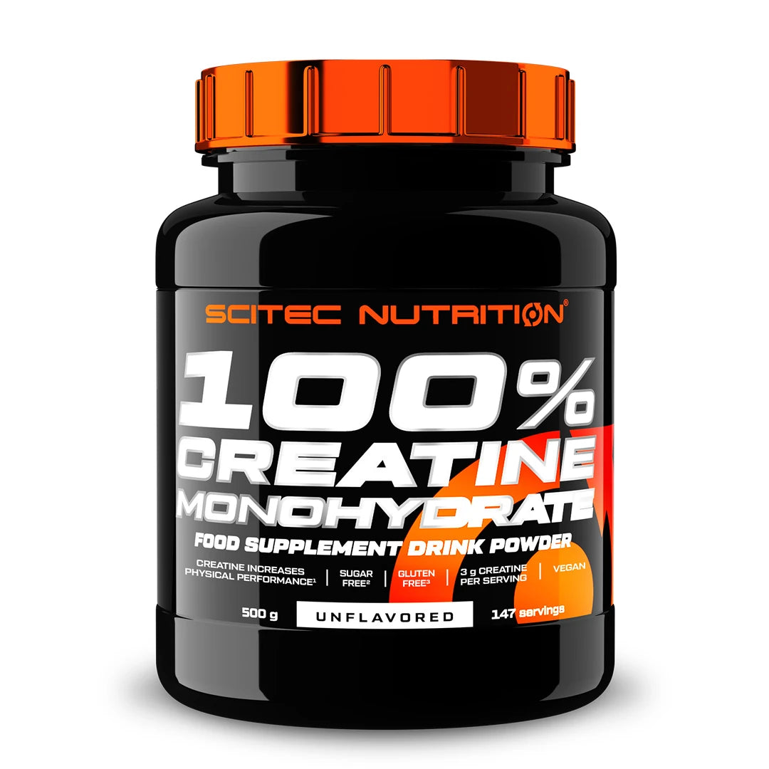 Scitec Nutrition 100% Creatine 500 g, maustamaton kreatiinijauhe mustassa purkissa, jossa on oranssi kansi., kuva 1/1