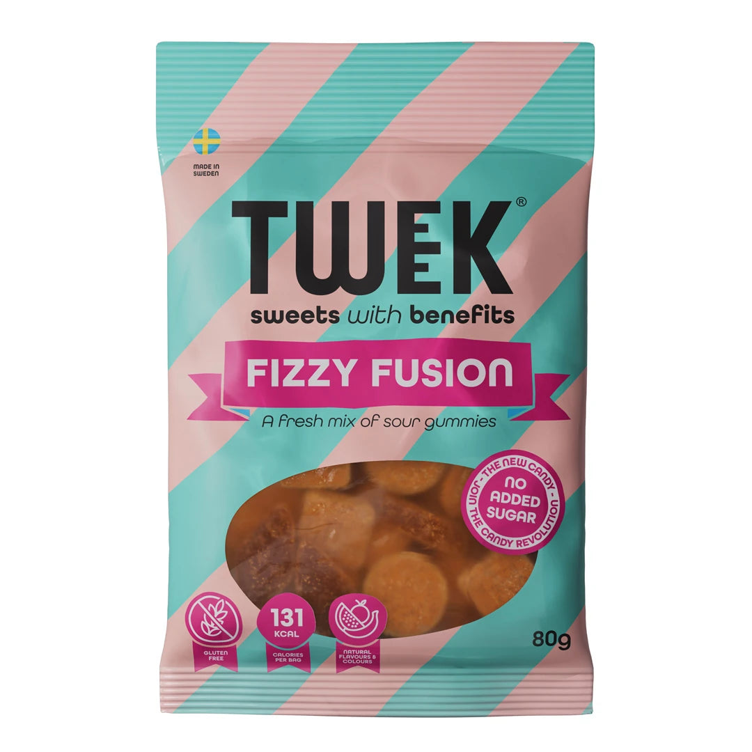 Tweek Sweets 80 g -makeisia vaaleansini- ja vaaleanpunaraidallisessa pussissa, makuna Fizzy Fusion., kuva 2/7