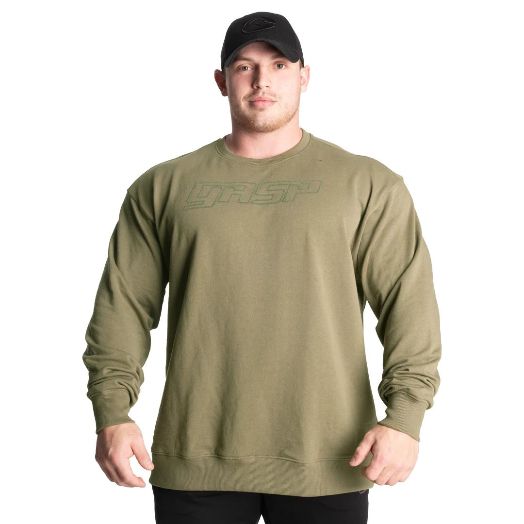 GASP Division Crewneck Washed Green on tilava vihreä treenipaita, jonka rinnassa on kohokuvioitu logo., kuva 1/2