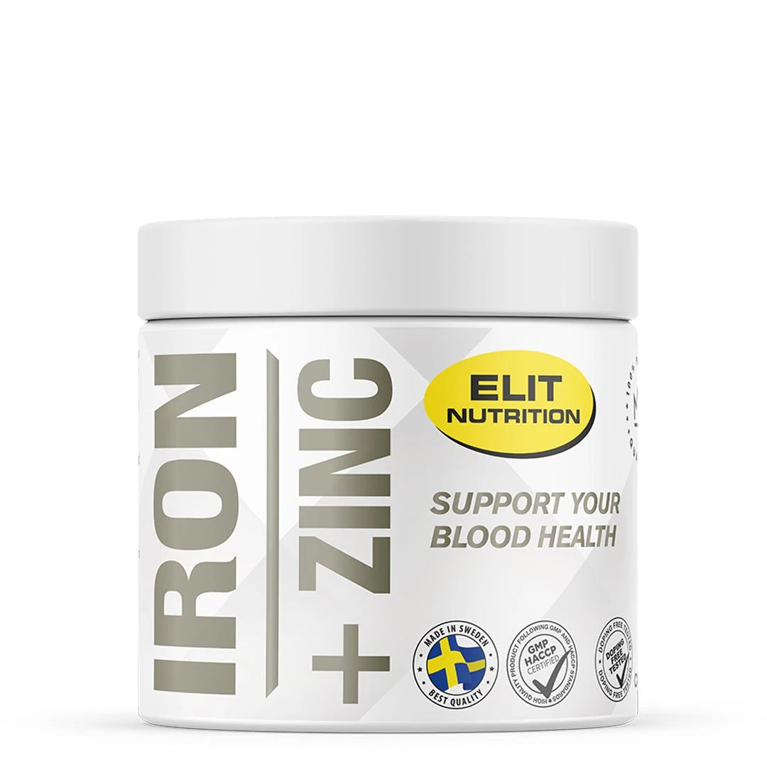 Elit Nutrition Iron + Zinc 60 caps -kivennäisainelisä valkoisessa muovipurkissa, jossa on harmaa teksti ja keltainen logo., kuva 1/1