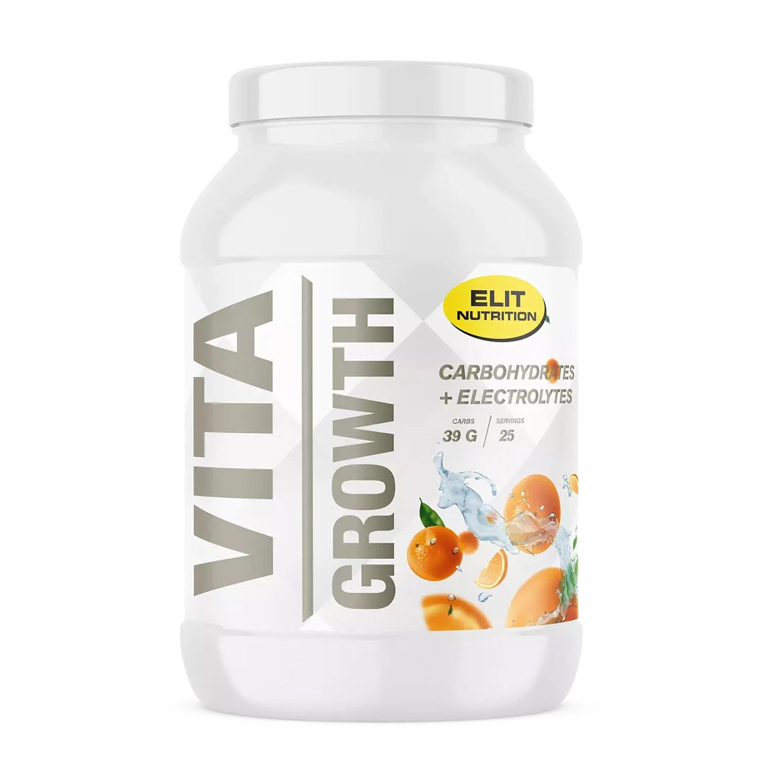 Elit Nutrition Vita Growth 1 kg -hiilihydraatit valkoisessa purkissa, jossa on graafisia appelsiineja ja vesiroiskeita., kuva 1/1