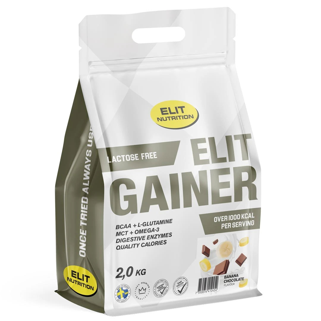 Elit Nutrition Gainer Lactose Free 2 kg -laktoositon gainer-jauhe valkoisessa pussissa, makuna Banana Chocolate., kuva 1/1