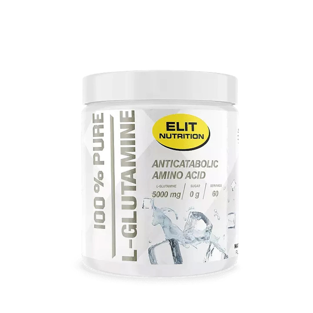 Elit Nutrition 100% Pure L-glutamine 300 g -aminohappo valkoisessa purkissa harmailla ja keltaisilla yksityiskohdilla, makuna Naturell., kuva 2/2