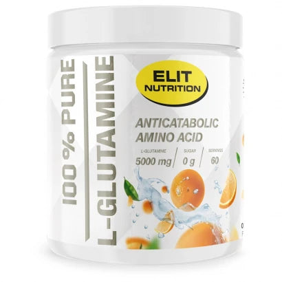 Elit Nutrition 100% Pure L-glutamine 300 g -aminohapot valkoisessa purkissa appelsiinikuvituksella, makuna appelsiini.