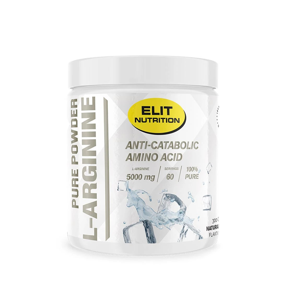 Elit Nutrition 100% L-arginine 300 g i en vit burk med gula och grå detaljer., bild 1 av 1