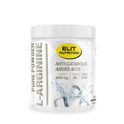 Elit Nutrition 100% L-arginine 300 g valkoisessa purkissa, jossa on keltaisia ja harmaita yksityiskohtia.