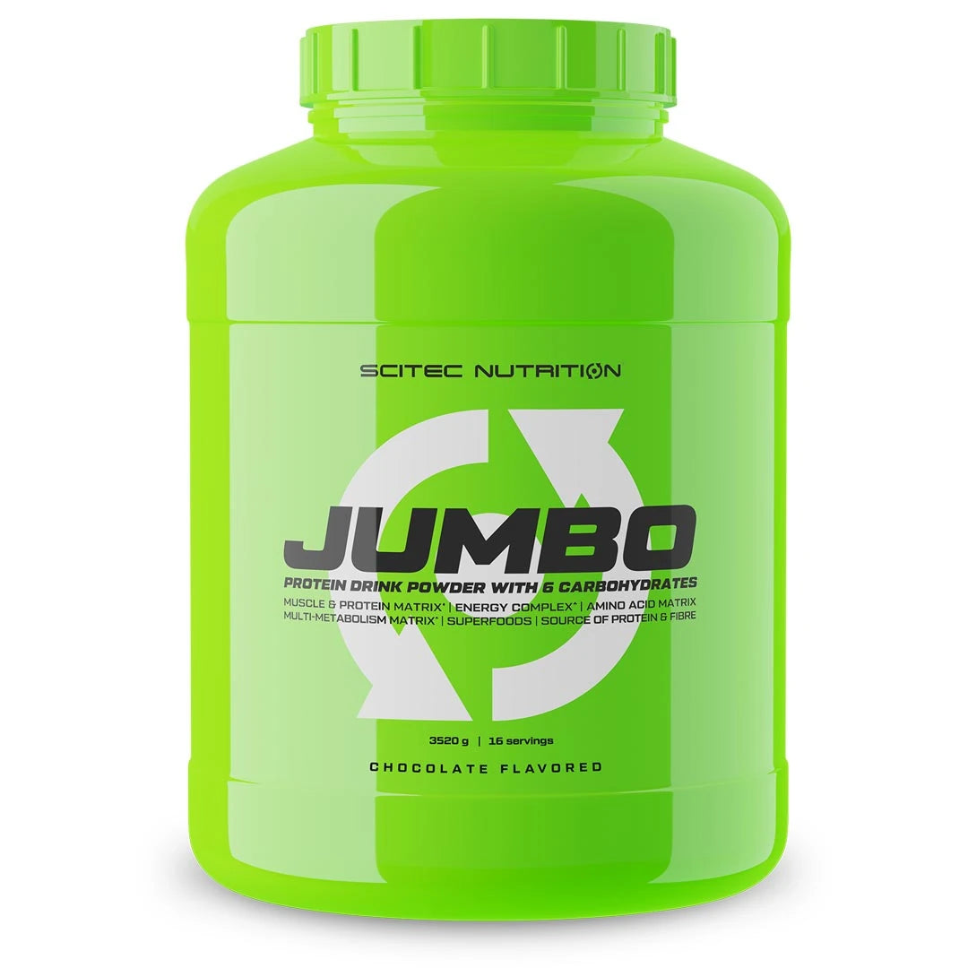 Scitec Nutrition Jumbo 3.52 kg -gainer suuressa neonvihreässä purkissa, makuna suklaa., kuva 1/1