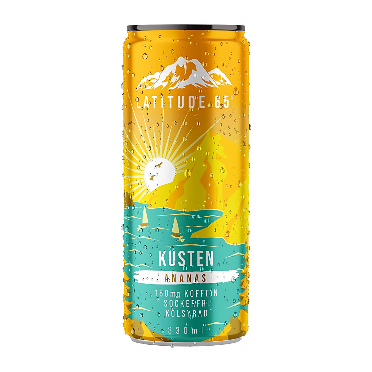 Latitude 65 330 ml -energiajuoma keltaisessa ja turkoosissa tölkissä vesipisaroilla, makuna Kusten Ananas., kuva 3/21