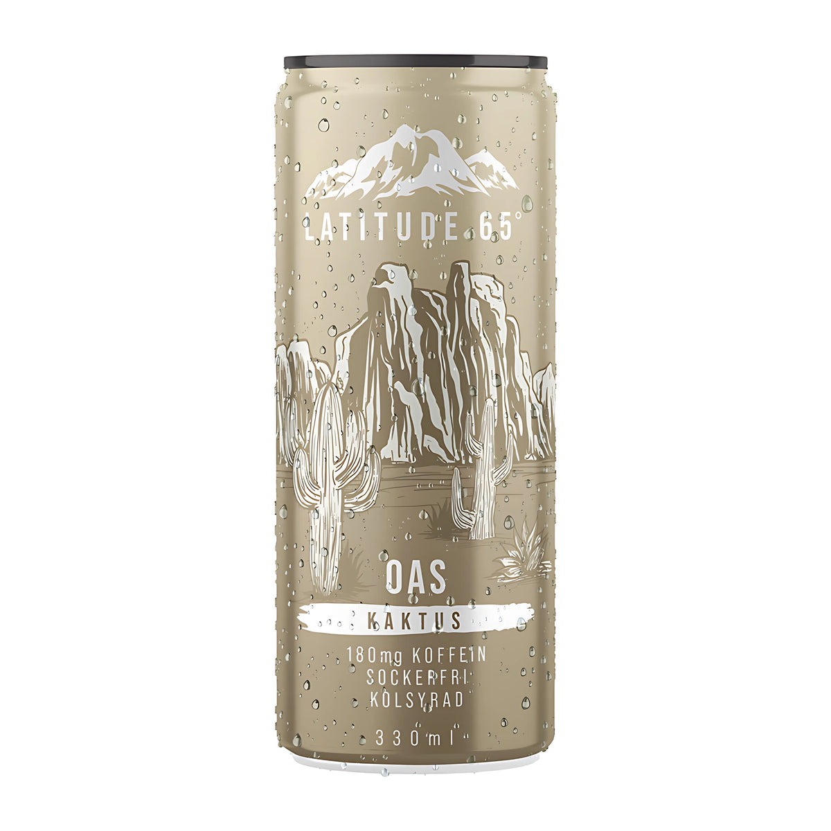 Latitude 65 330 ml -hiilihapotettu kofeiinijuoma beigessä tölkissä kaktuskuviolla, makuna Oas Kaktus., kuva 5/21