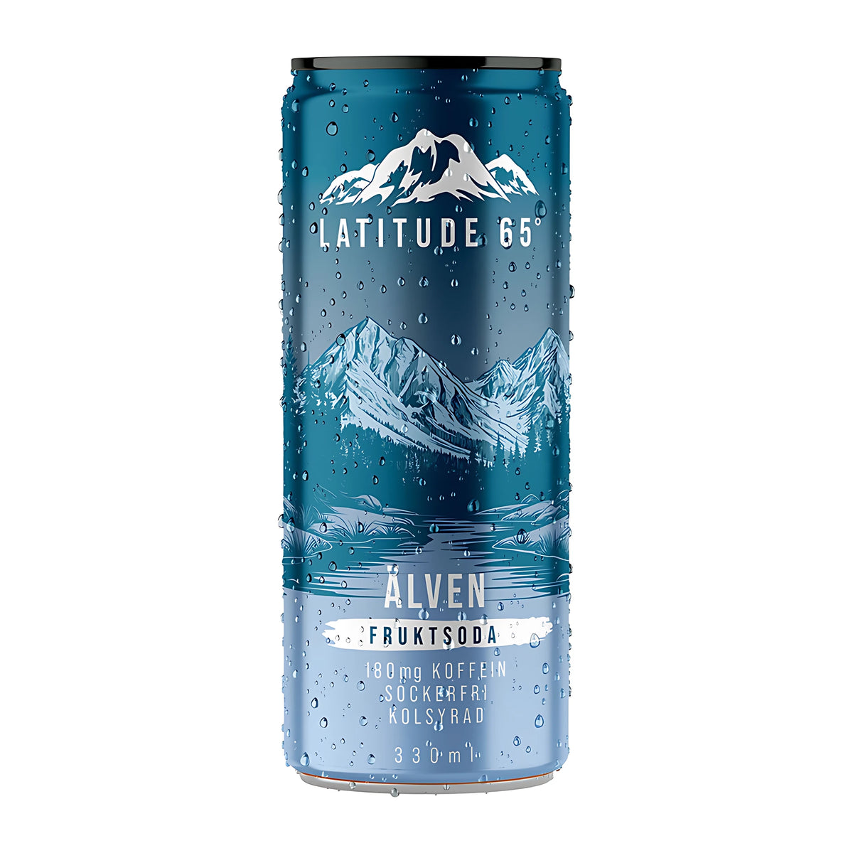 Latitude 65 330 ml -hiilihapotettu juoma sinisessä tölkissä vesipisaroilla, makuna Älven Fruktsoda., kuva 6/21