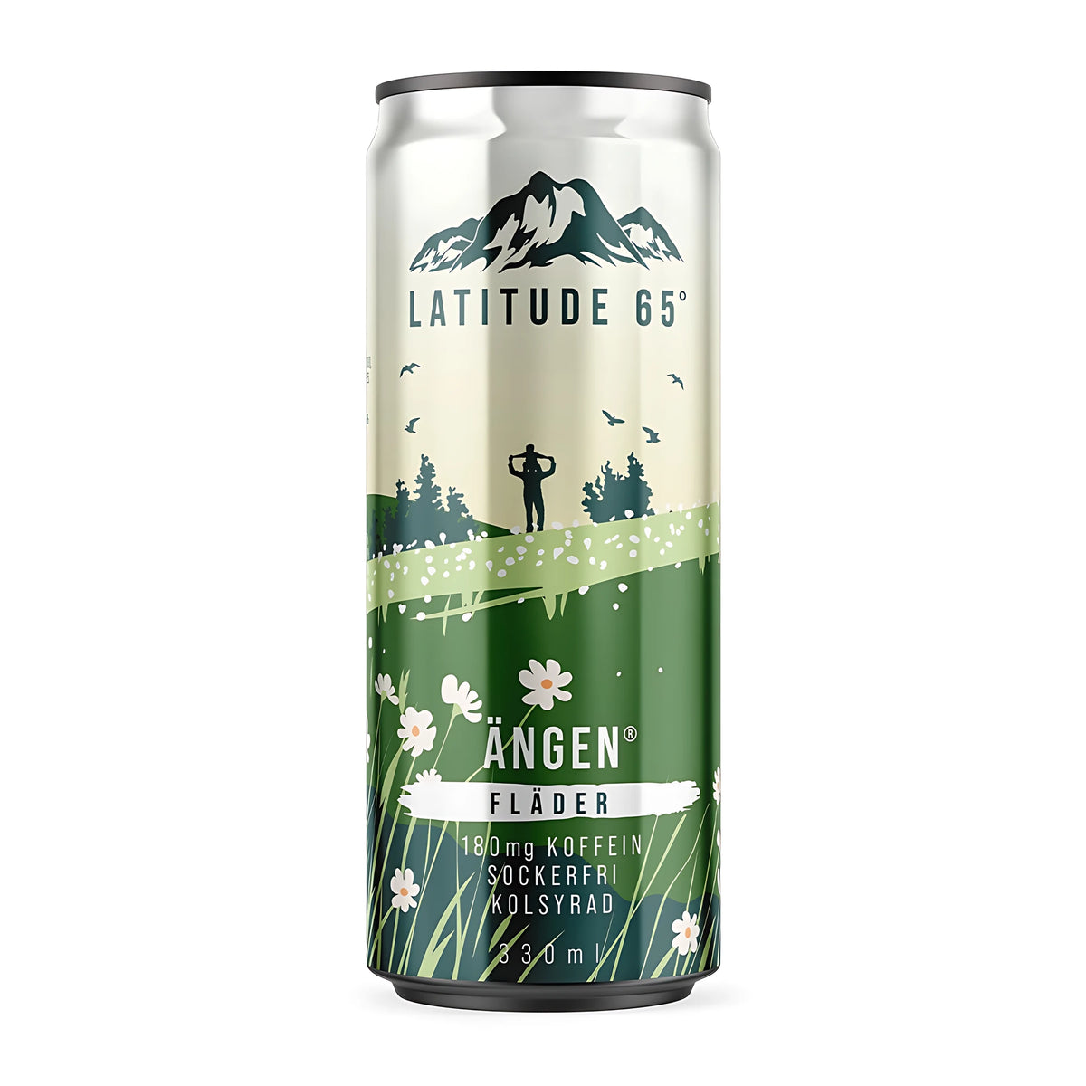 Latitude 65 330 ml -energiajuoma vihreässä ja valkoisessa tölkissä kukkakuviolla maulle Ängen Fläder., kuva 9/21