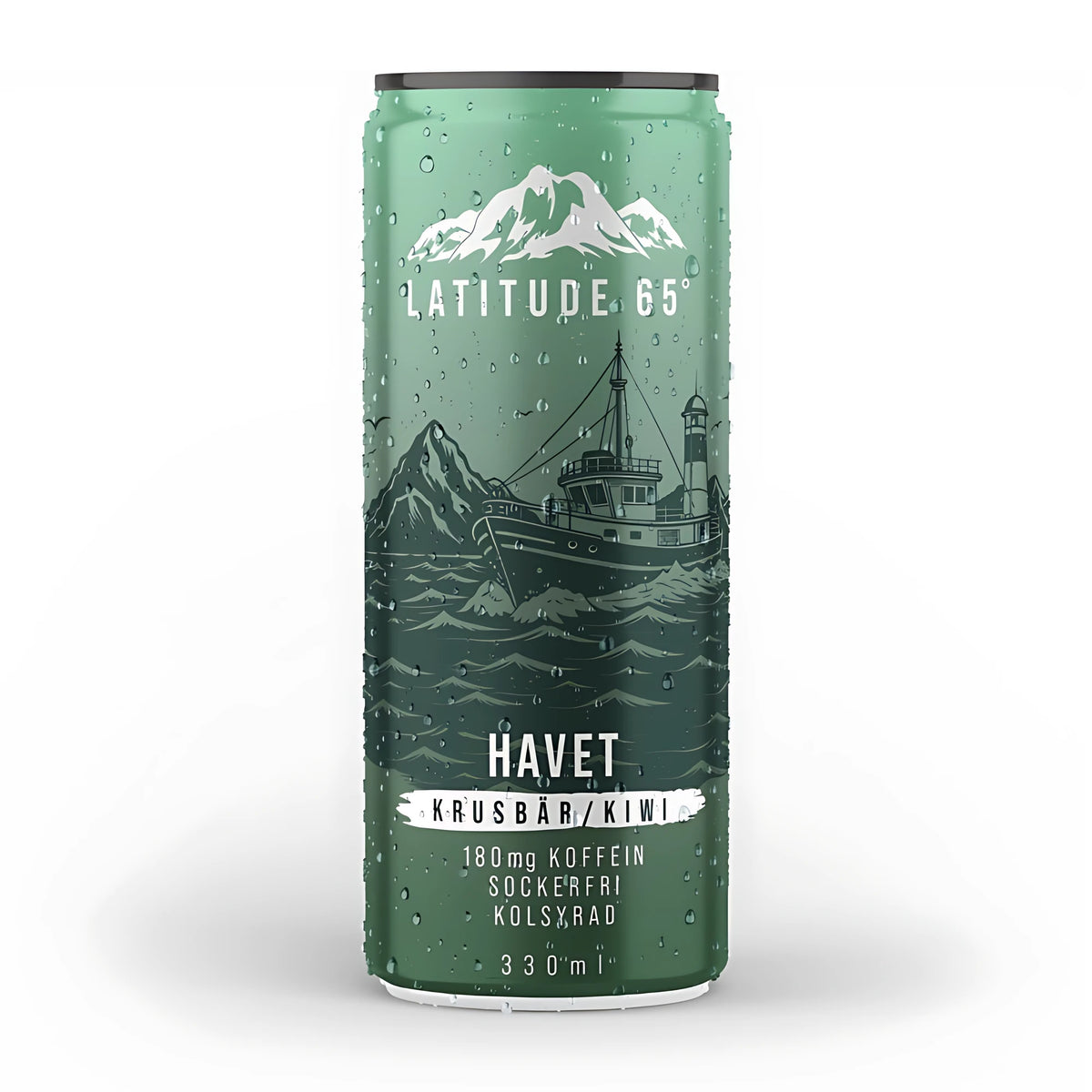 Latitude 65 330 ml sokeriton ja hiilihapotettu juoma vihreässä tölkissä vesipisaroilla, makuna Havet Krusbär Kiwi., kuva 17/21