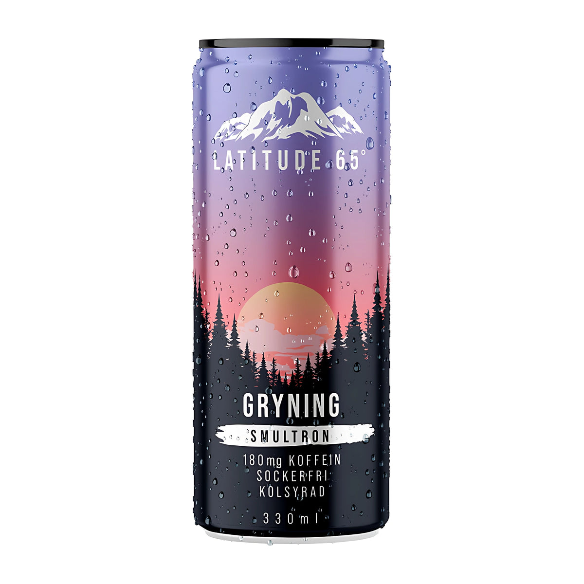 Latitude 65 330 ml -hiilihapotettu juoma liilassa ja mustassa tölkissä vesipisaroilla, makuna Gryning Smultron., kuva 18/21