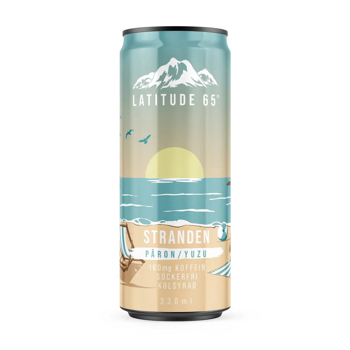Latitude 65 330 ml -energiajuoma vaaleansinisessä ja hiekanvärisessä tölkissä rantakuvioinnilla, makuna Päärynä Yuzu., kuva 10/21