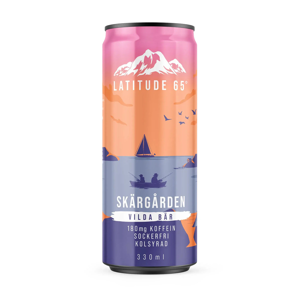 Latitude 65 330 ml -energiajuoma lilassa, oranssissa ja vaaleanpunaisessa tölkissä saaristokuvituksella, makuna villimarja., kuva 12/21