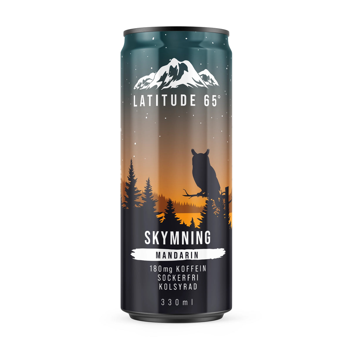 Latitude 65 330 ml -energiajuoma tummassa tölkissä pöllö- ja hämäräkuvituksella maulle Skymning Mandarin., kuva 16/21