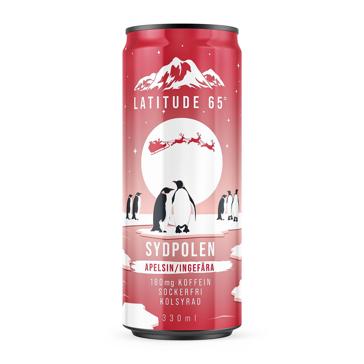 Latitude 65 330 ml punaisessa tölkissä, jossa on talviaiheinen kuvitus ja pingviinejä, makuna Sydpolen Apelsin Ingefära., kuva 20/21