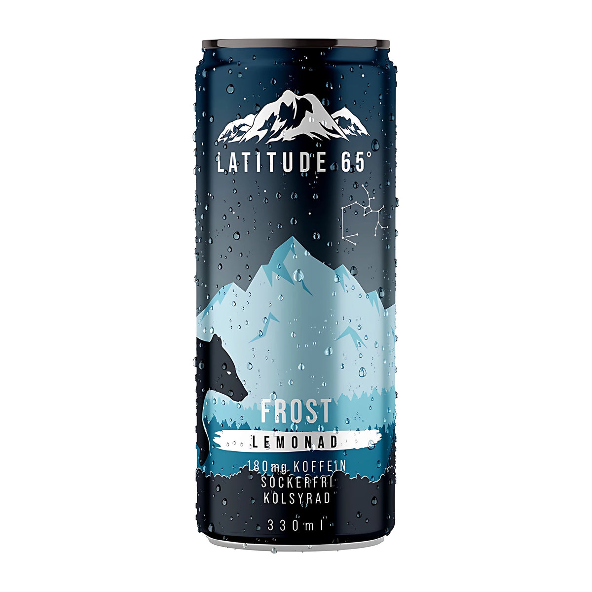 Latitude 65 330 ml -hiilihapotettu energiajuoma tummansinisessä tölkissä, jossa on lumihuippuisten vuorten kuvitus, makuna Frost Lemonad., kuva 2/21