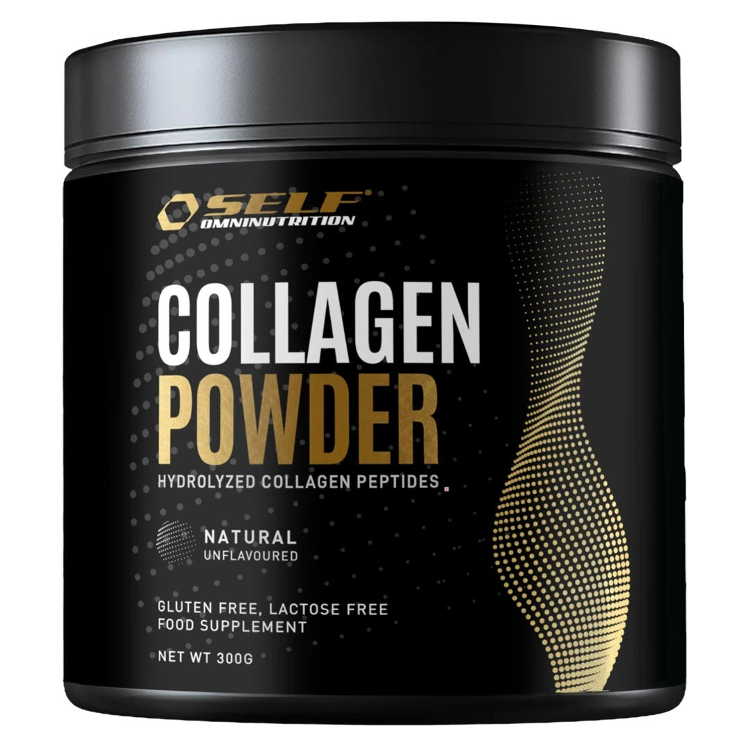 Musta purkki Self Omninutrition Collagen Powder 300 g -hydrolysoitua kollageenijauhetta kulta-valkoisella tekstillä., kuva 1/1