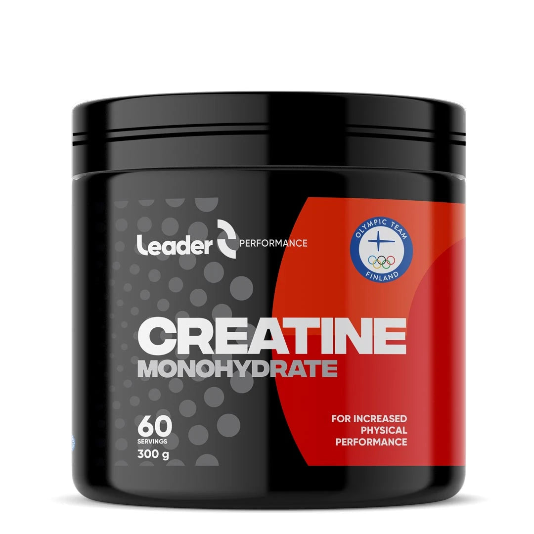 Leader Performance Creatine monohydrate 300 g mustassa purkissa, jossa on punainen ja musta etiketti., kuva 1/1