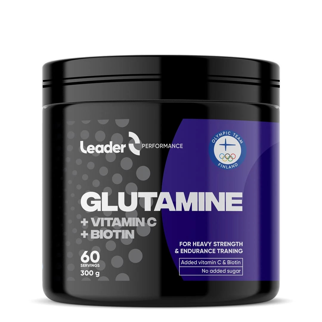 Leader Performance Glutamin + C + Biotin 300 g -aminosyrajauhe mustassa purkissa liiloilla yksityiskohdilla., kuva 1/1