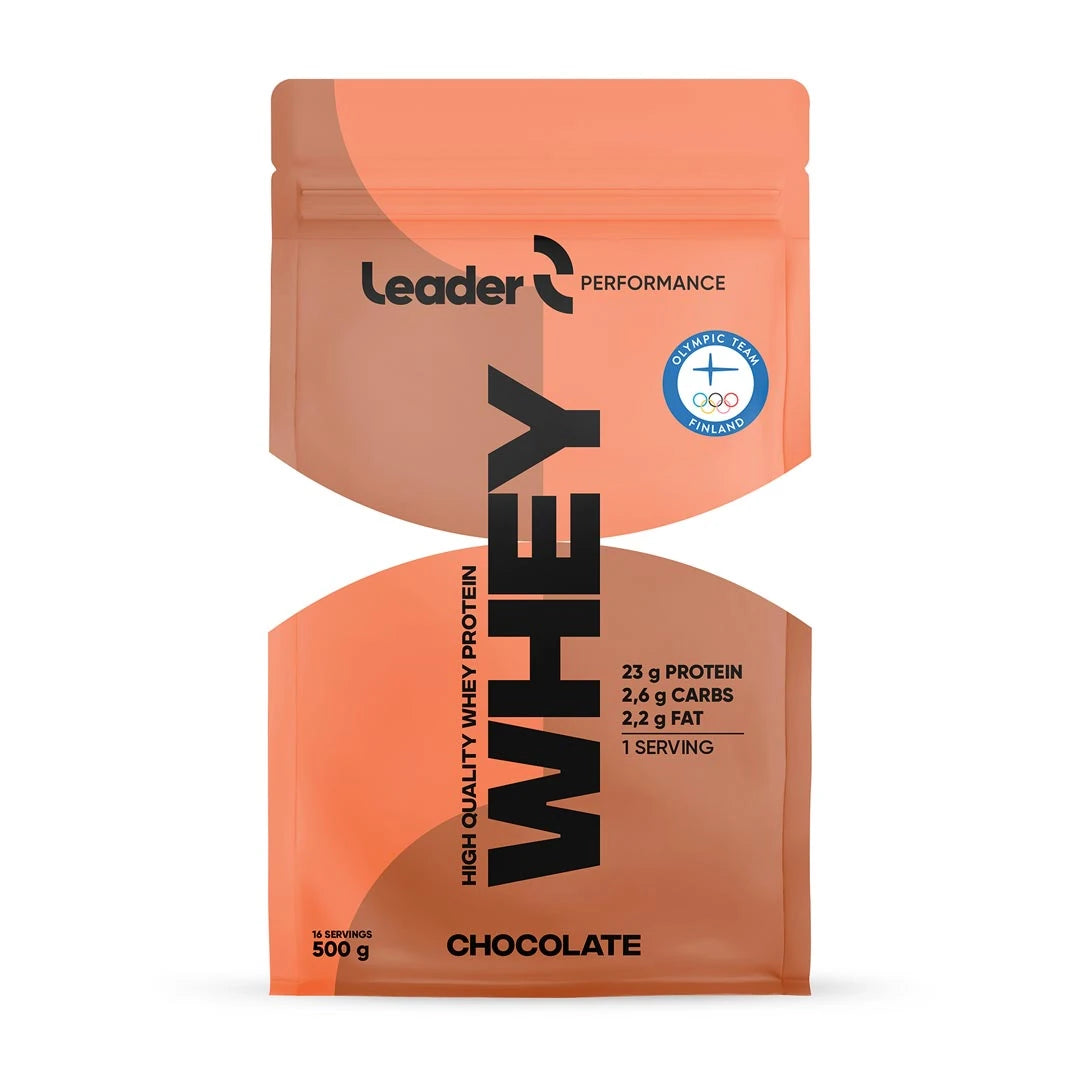 Leader Performance Whey Protein 500 g -heraproteiini oranssissa pussissa, makuna suklaa., kuva 2/2