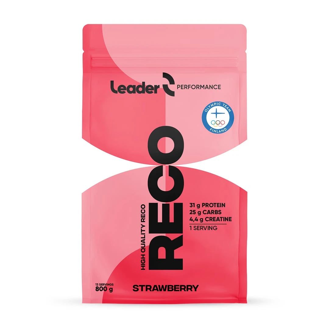 Vaaleanpunainen pussi Leader Performance Reco 800 g -palautumisjuomajauhetta maussa Strawberry., kuva 1/1