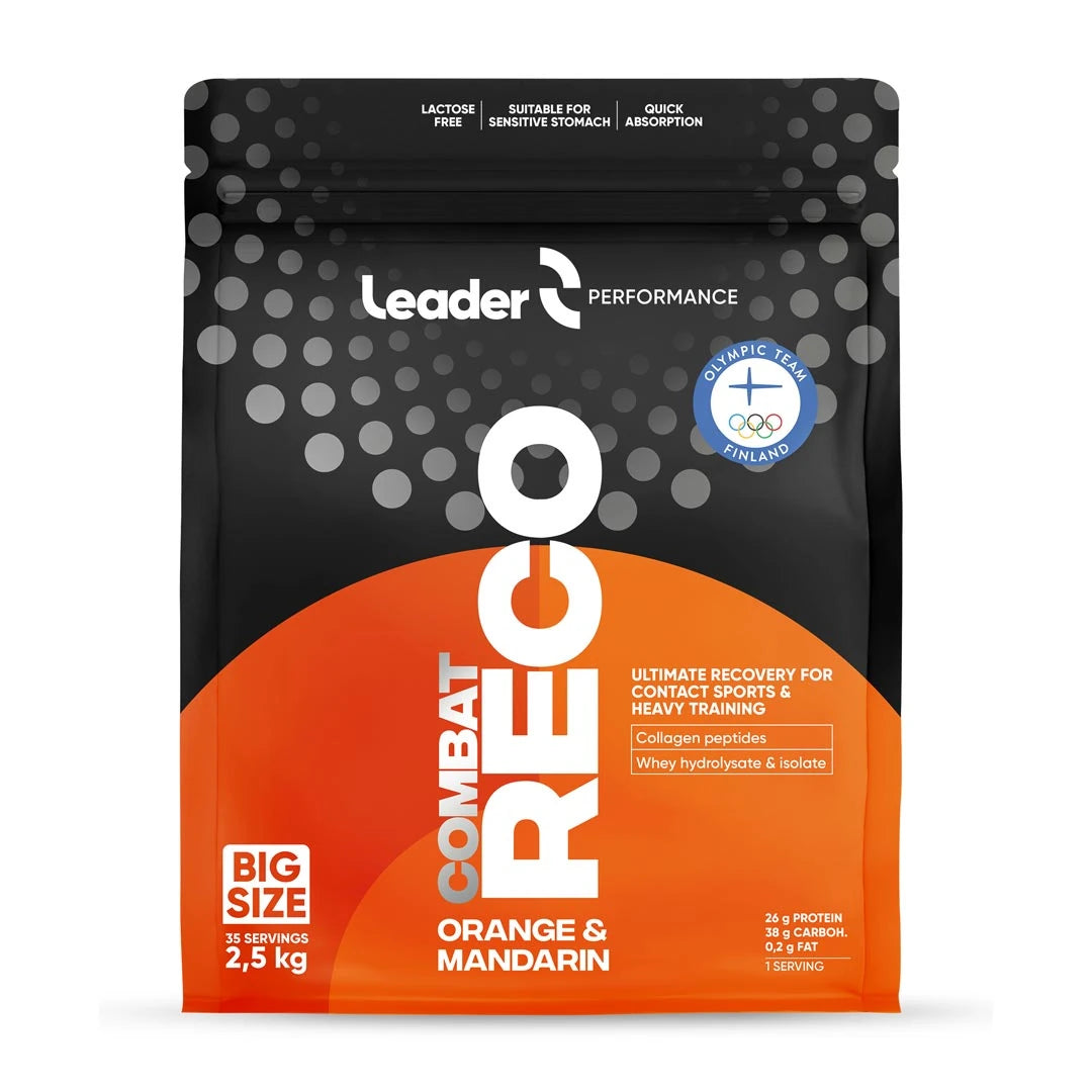 Musta ja oranssi pussi Leader Performance Combat Reco 2.5 kg -palautumisjuomajauhetta, makuna Orange &amp; Mandarin., kuva 1/1