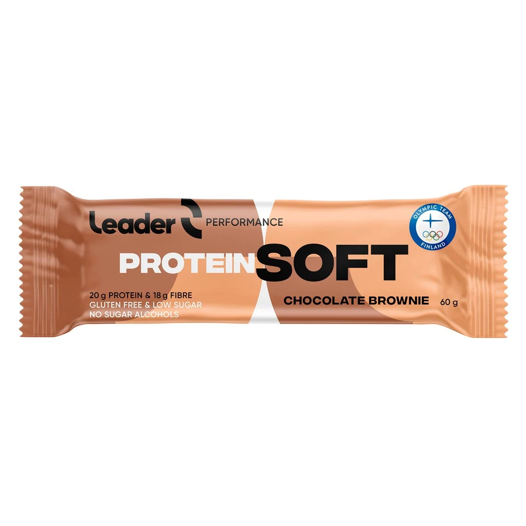Leader Performance SoftBar 60 g -proteiinipatukka vaaleanruskeassa pakkauksessa, makuna Chocolate Brownie.