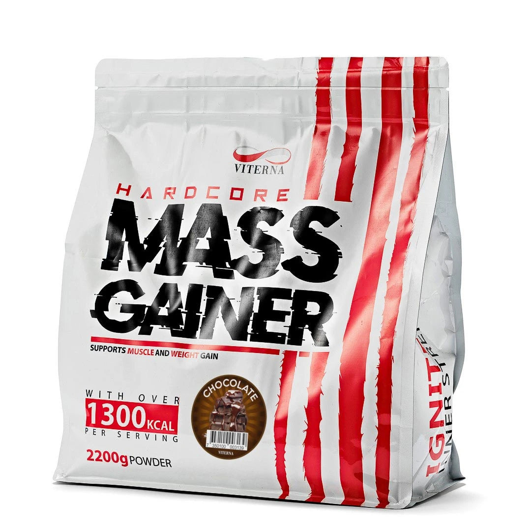 Viterna Hardcore Mass Gainer 2.2 kg valkoisessa pussissa punaisilla yksityiskohdilla, makuna suklaa., kuva 1/4