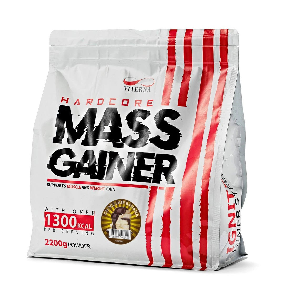 Viterna Hardcore Mass Gainer 2.2 kg gainer-jauhe valkoisessa pussissa punaisilla raidoilla, makuna suklaa-banaani., kuva 2/4
