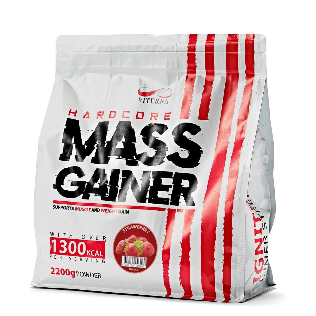 Viterna Hardcore Mass Gainer 2.2 kg valkoisessa pussissa punaisilla yksityiskohdilla, makuna Strawberry., kuva 4/4