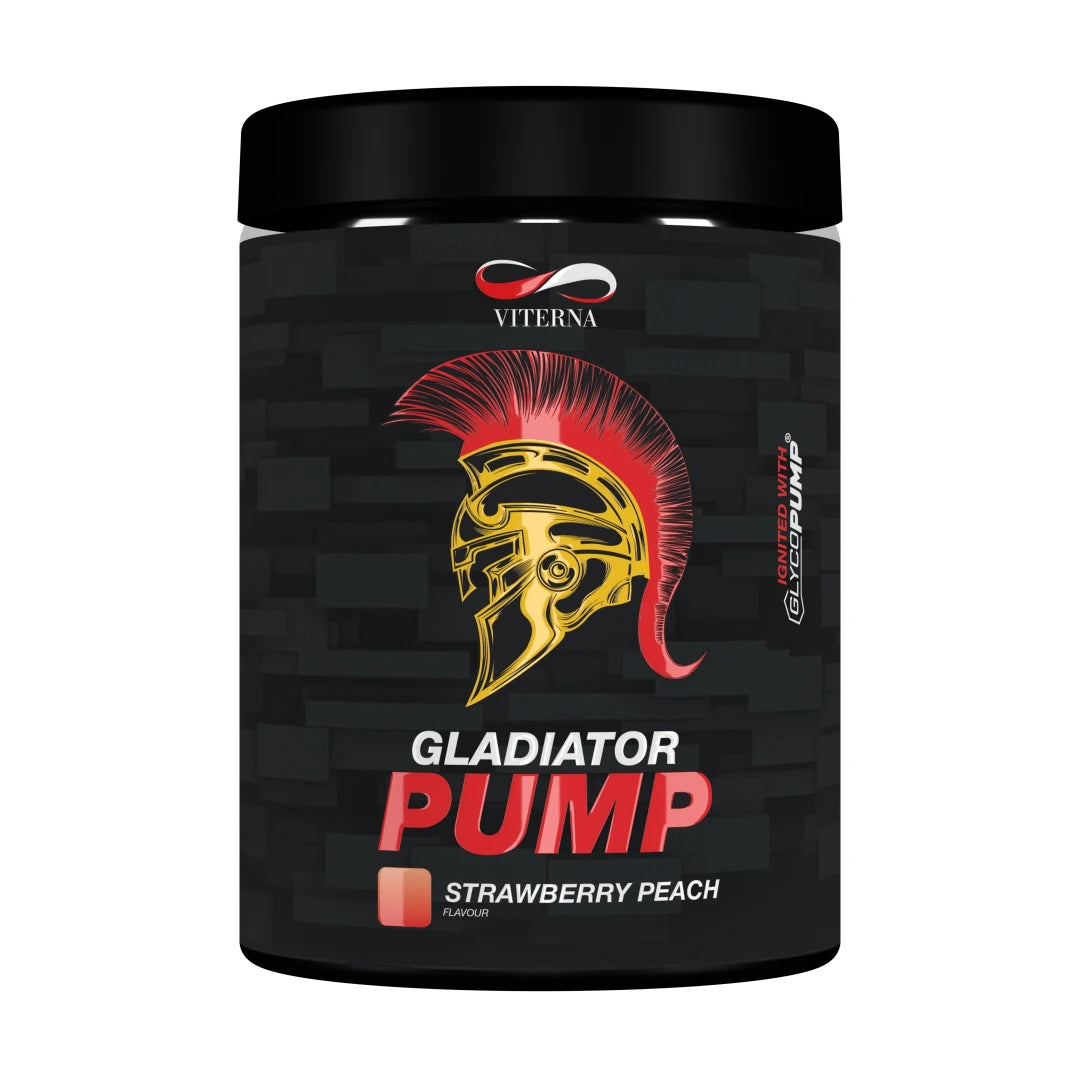 Viterna Gladiator Pump 440 g mustassa purkissa kultaisilla ja punaisilla yksityiskohdilla, makuna Strawberry Peach.