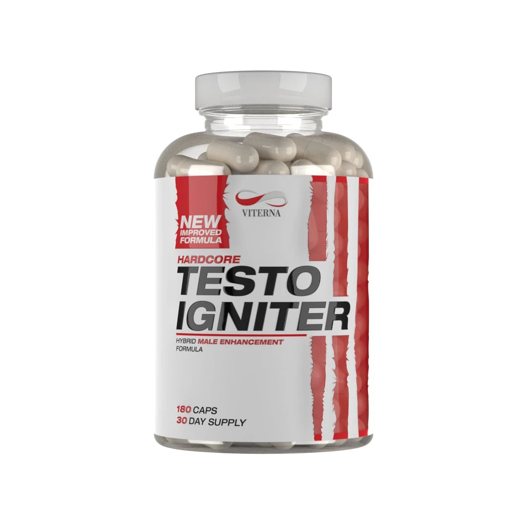 Viterna Hardcore Testo Igniter 180 caps läpinäkyvässä purkissa, jossa on valkoinen ja punainen etiketti., kuva 1/1