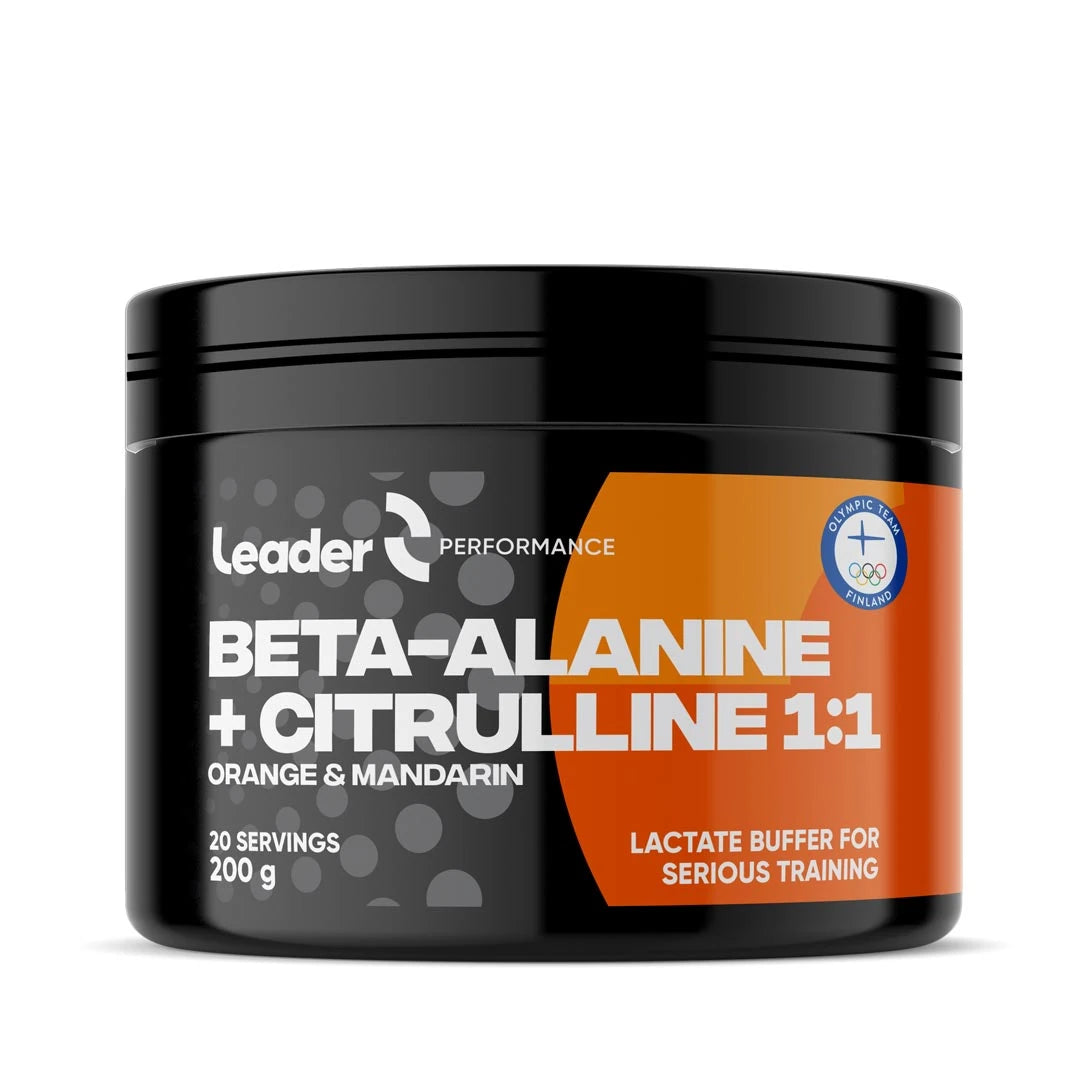Musta purkki Leader Performance Beta-Alanine-Citrulline 200 g -tehonlisääjäjauhetta oranssilla etiketillä., kuva 1/1