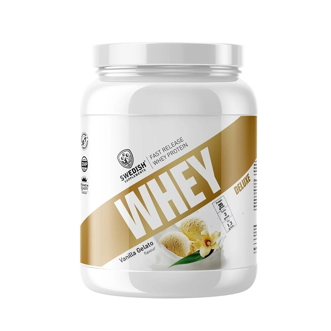 Swedish Supplements Whey Protein Deluxe 900 g -proteiinijauhe valkoisessa purkissa kullanvärisin yksityiskohdin, makuna Vanilla Gelato., kuva 3/4