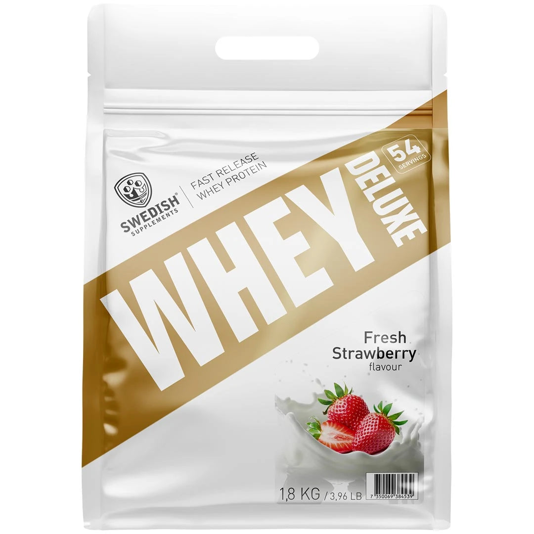 Swedish Supplements Whey Protein Deluxe 1,8 kg -heraproteiini valkoisessa pussissa kullanvärisin yksityiskohdin, makuna Fresh Strawberry., kuva 1/3
