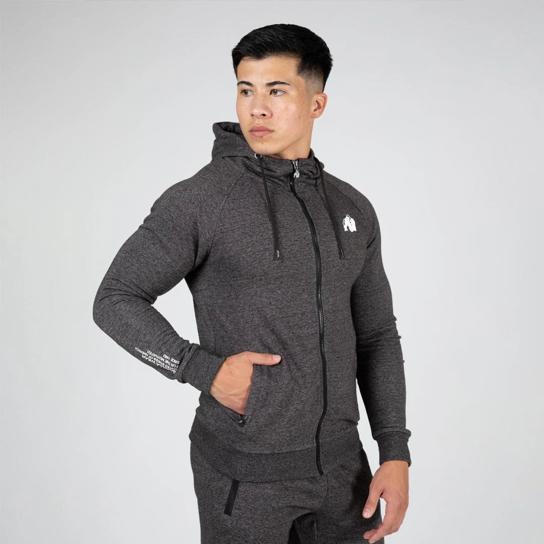 Gorilla Wear Payette Zipped Hoodie grey, tummanharmaa vetoketjullinen slim fit -treenihuppari valkoisella logolla., kuva 5/8