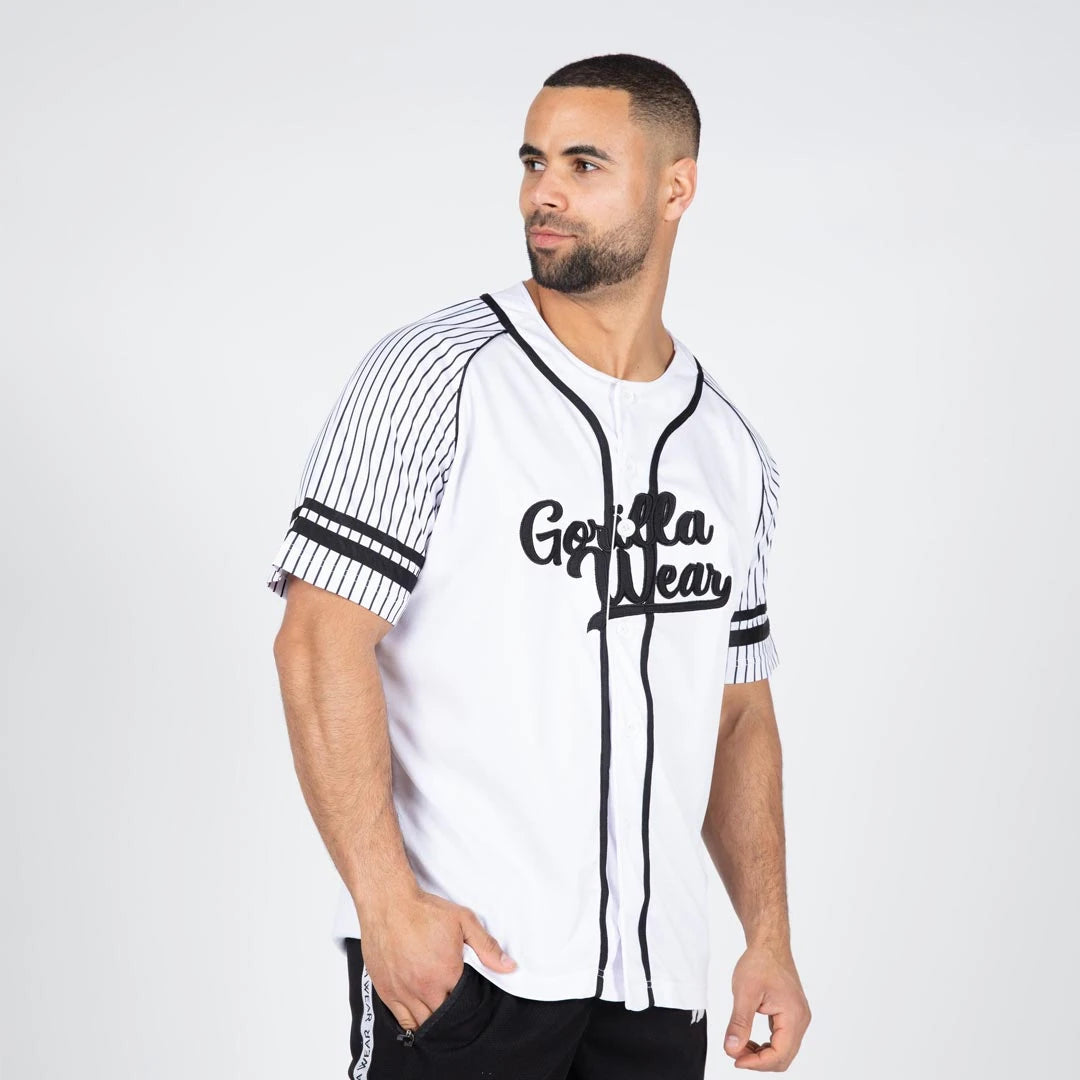 Gorilla Wear 82 Baseball Jersey White, valkoinen baseball-paita mustilla raidallisilla hihoilla ja logolla., kuva 8/8