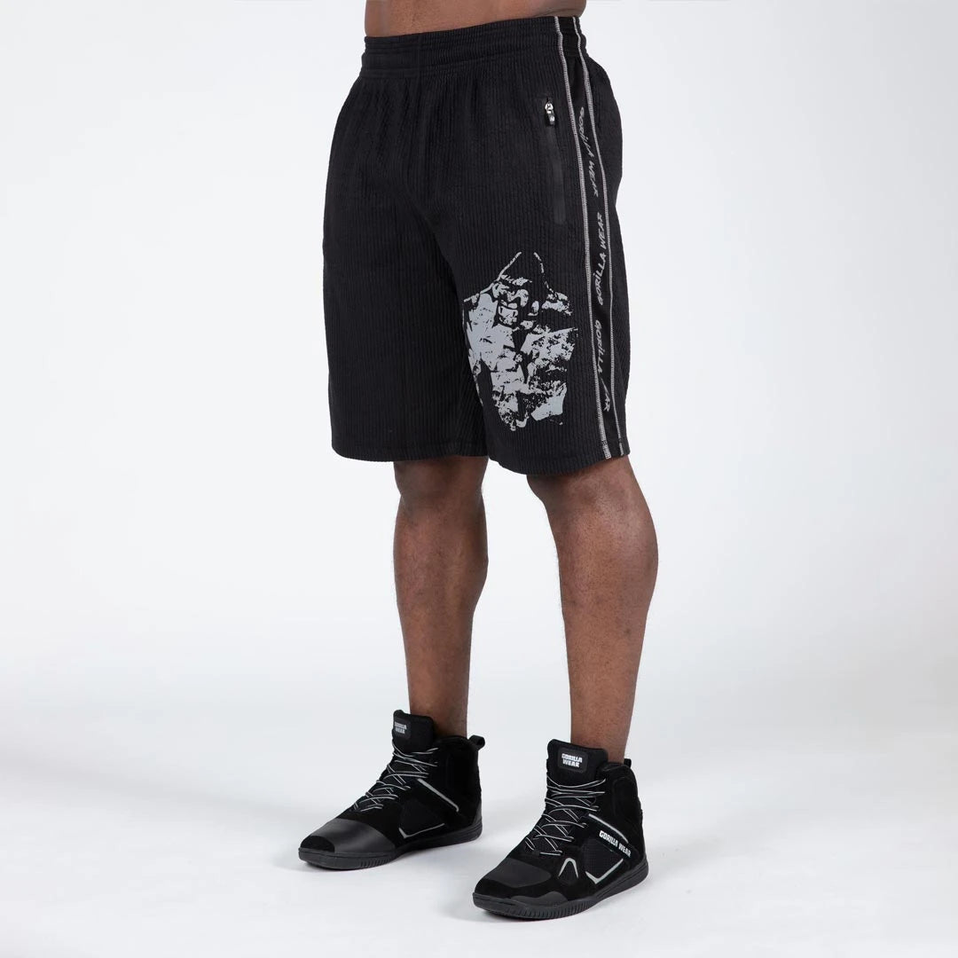 Mustat Gorilla Wear Buffalo Old School Workout Shorts black/grey -treenishortsit harmaalla gorillalogolla ja sivunauhoilla., kuva 2/4