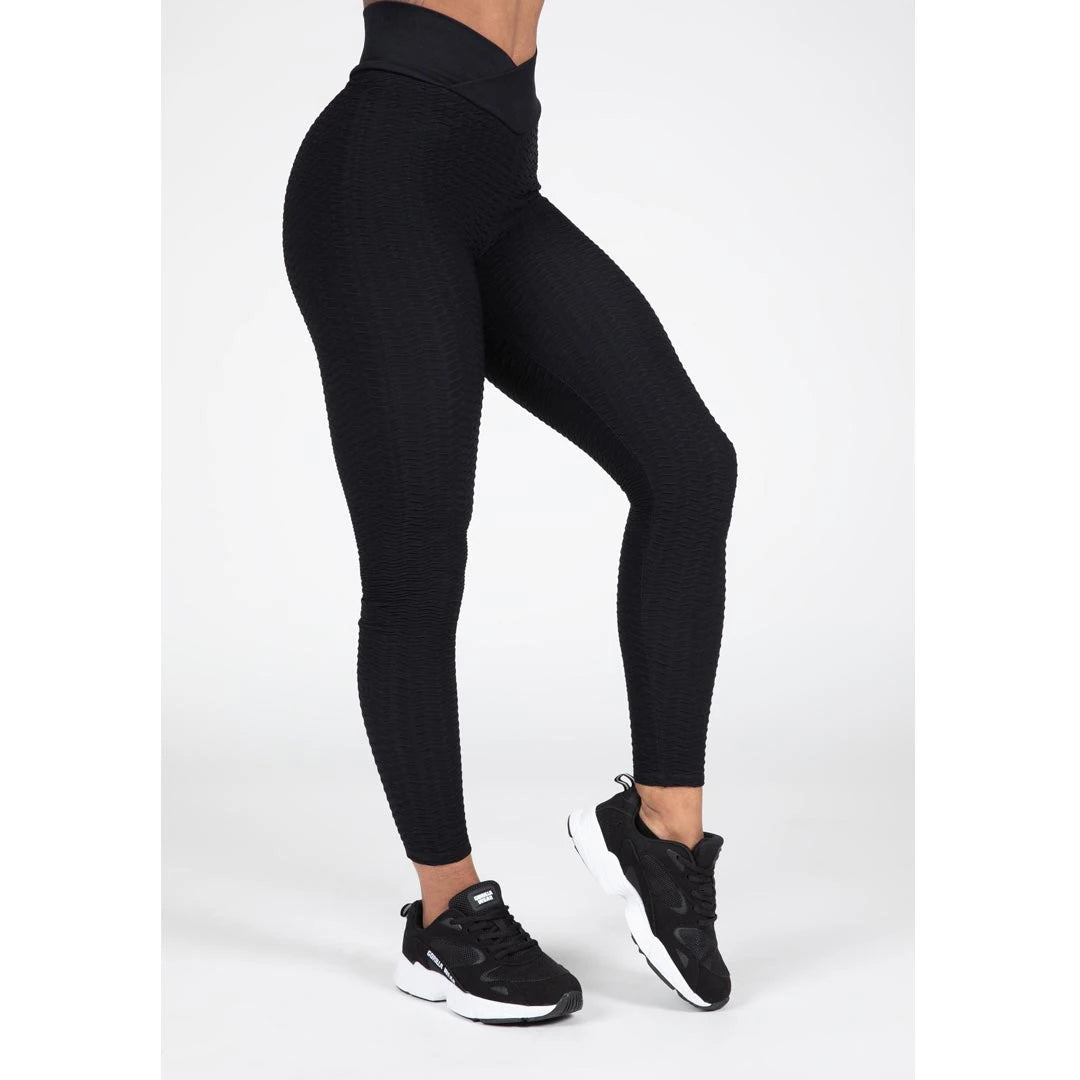 Gorilla Wear Dorris Leggings black, mustat teksturoidut treenitrikoot V-muotoisella crossover-vyötäröllä., kuva 5/6