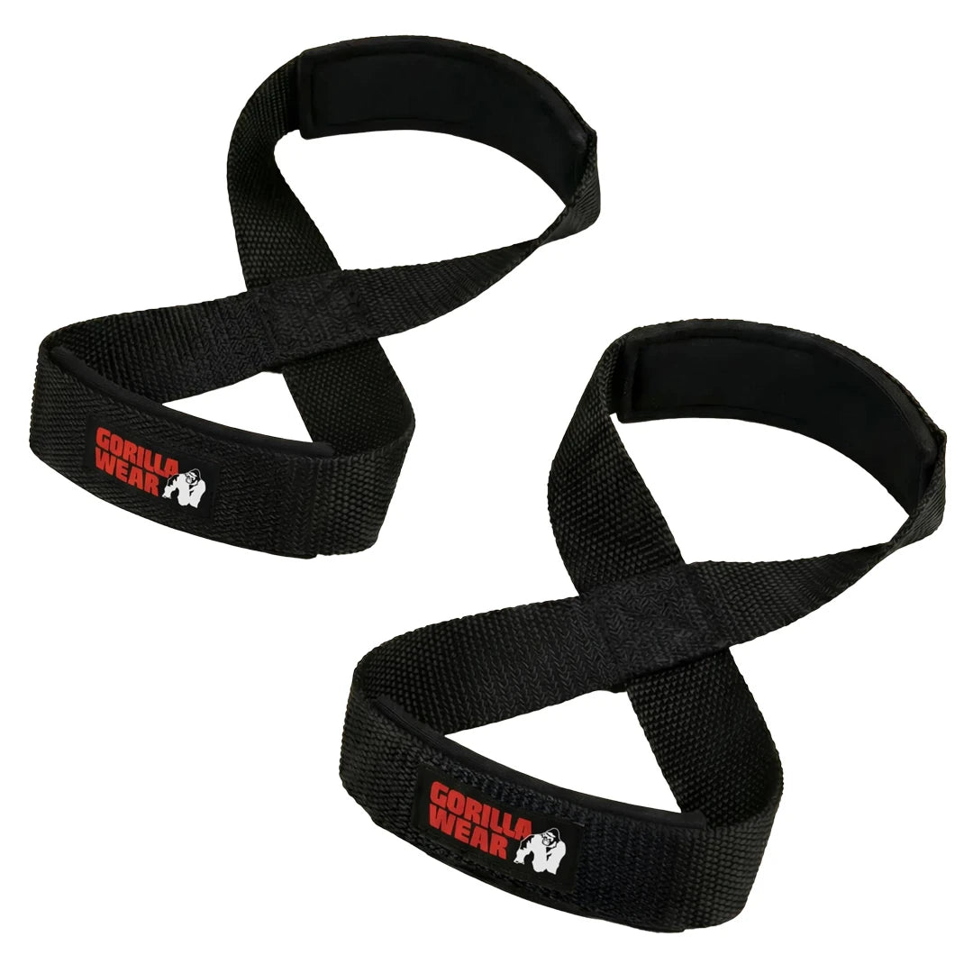 Gorilla Wear Figure 8 Lifting Straps black, ett par svarta vadderade dragremmar i bomull med röd logotyp.