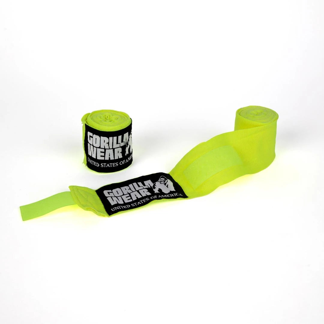 Gorilla Wear Boxing Hand Wraps yellow 2.5 -nyrkkeilysiteet neonkeltaista joustavaa puuvillaa mustilla yksityiskohdilla.