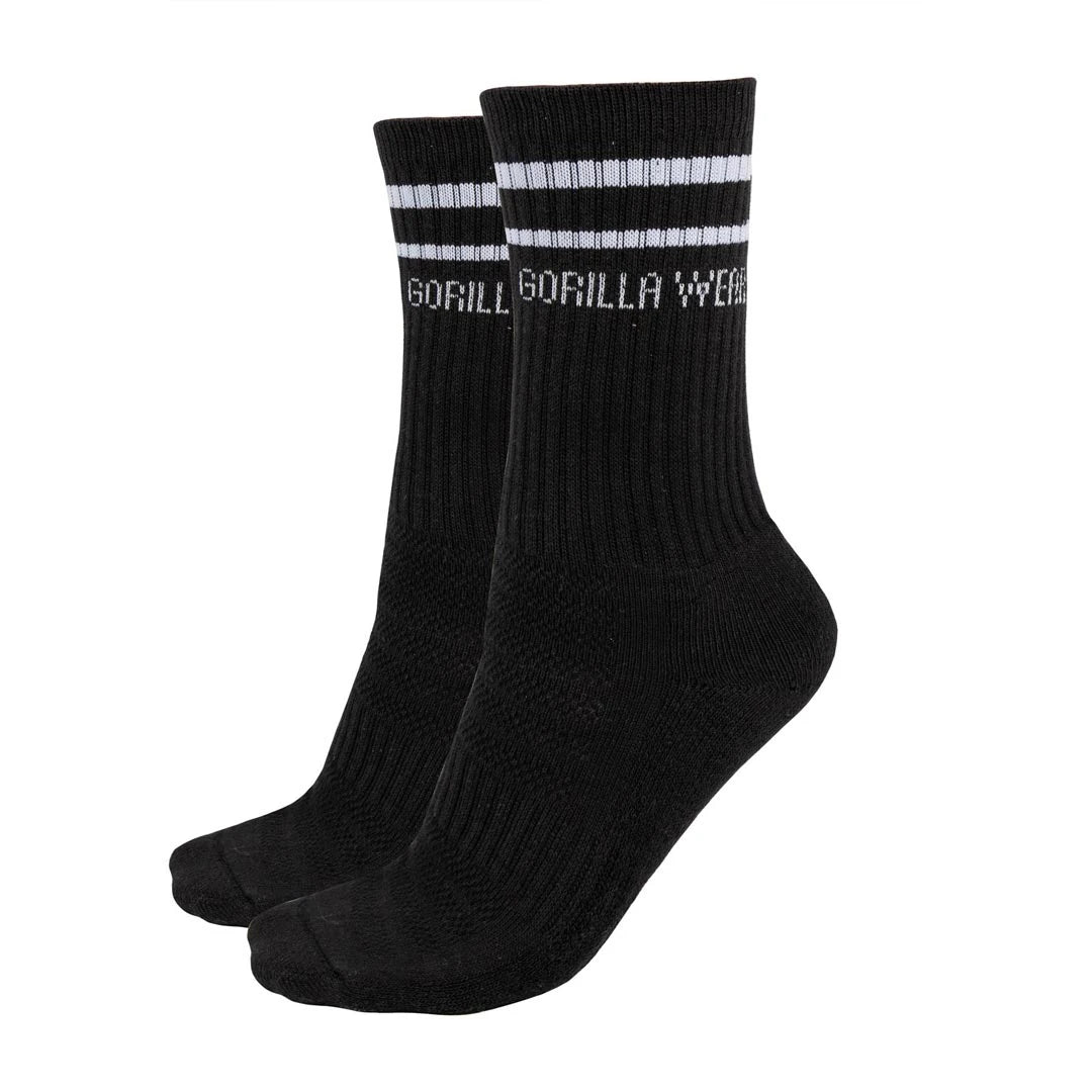 Gorilla Wear Crew Socks 2-Pack black är svarta ribbade träningsstrumpor med vita ränder och logotyp., bild 1 av 4