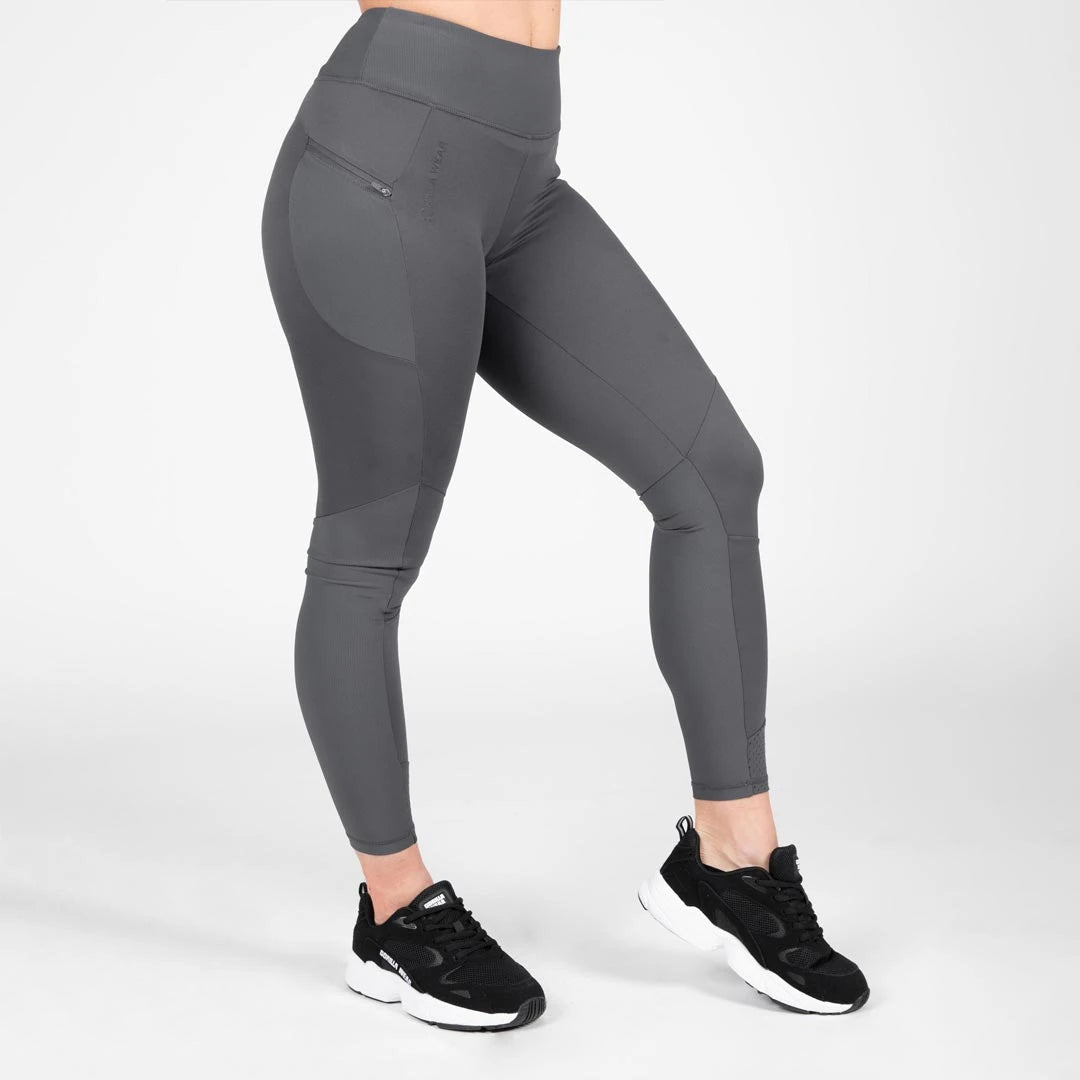 Grå träningsleggings med hög midja och ficka av modellen Gorilla Wear Monroe Leggings grey.