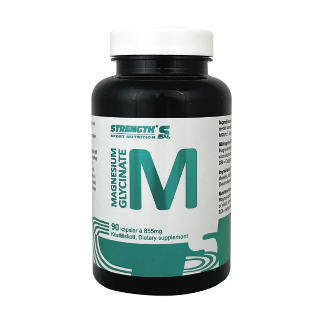 Strength Sport Nutrition Magnesium Glycinate 90 caps tummassa muovipurkissa valko-turkoosilla etiketillä., kuva 1/1